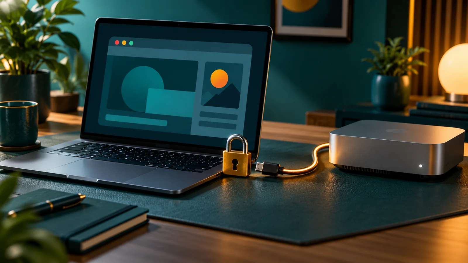 Laptop dengan akses browser terkunci dan komputer mini tanpa tanda sebagai jalur cadangan headless browser