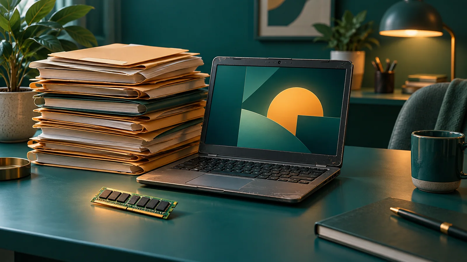 Laptop kecil dengan modul memori dan tumpukan pekerjaan yang terus bertambah.