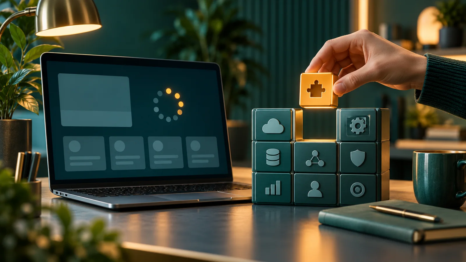 Laptop dengan wiki abstrak gagal dimuat dan satu modul terlepas di meja kerja rumah.