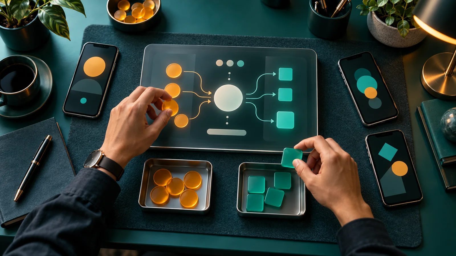 Tangan mengatur token tugas dari tablet ke beberapa baki dan ponsel di meja agency.