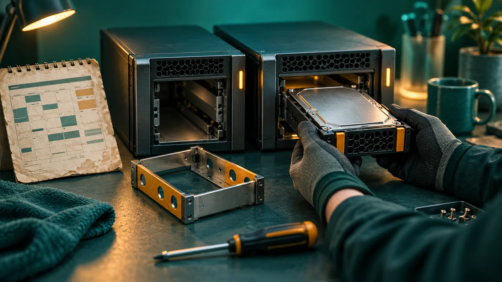 Drive server diuji pada dua slot berbeda, satu cocok dan satu memerlukan adaptor, menggambarkan pilihan sistem operasi cloud.
