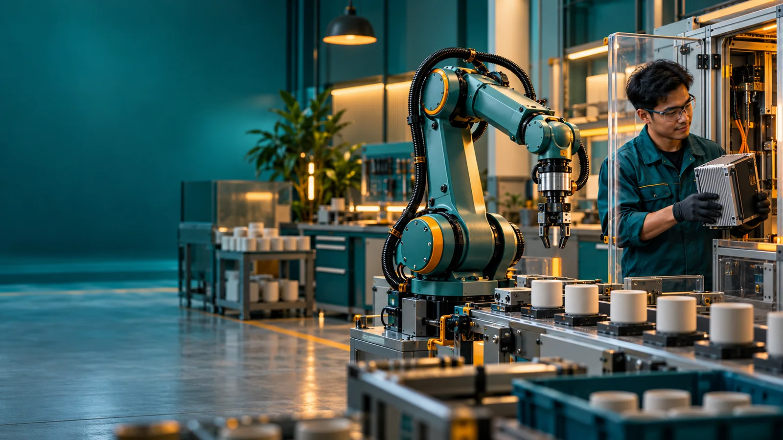 Lengan robot pabrik berhenti di dekat unit kontrol modular yang masih tersegel dalam kotak bening.