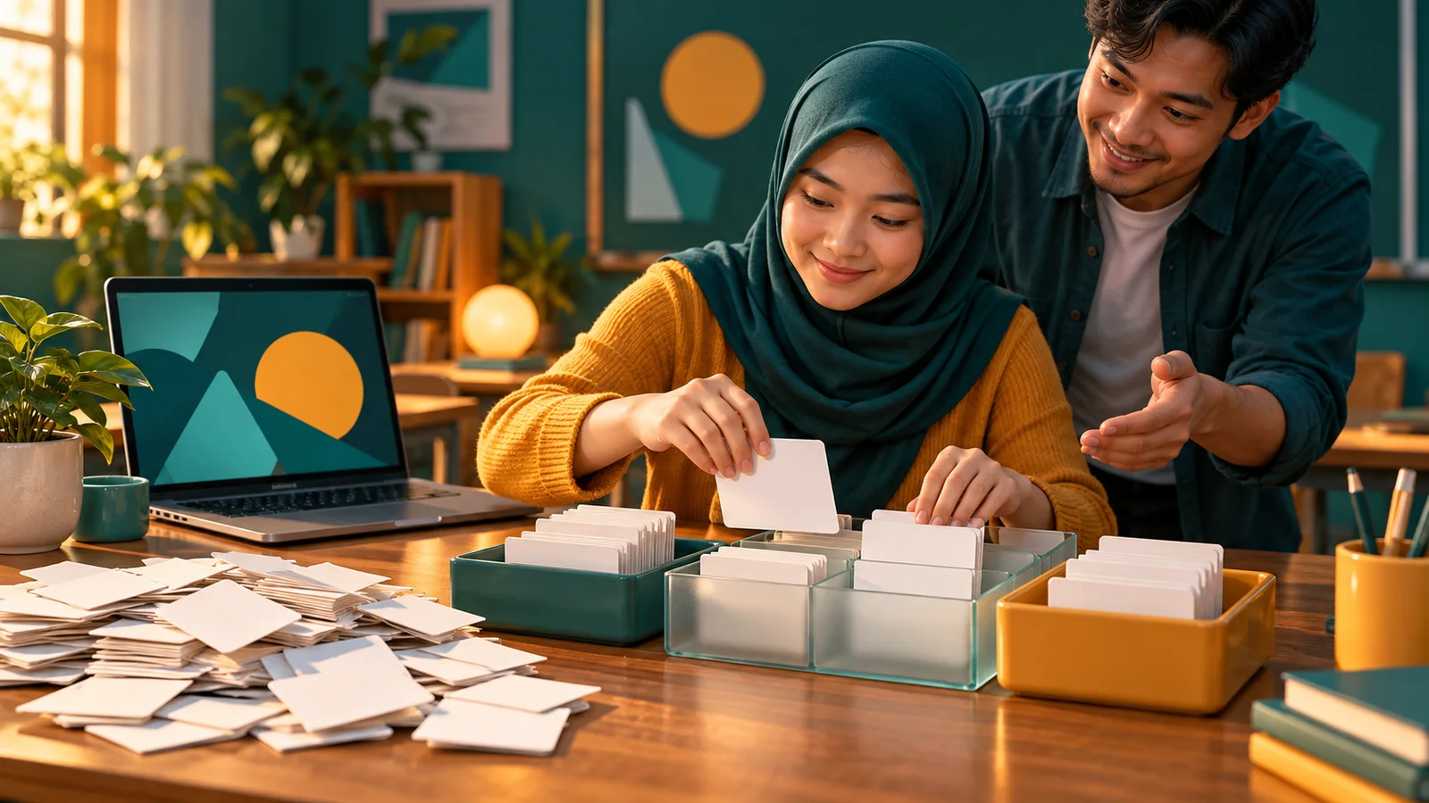 Peserta pemula belajar menyusun kartu artikel bersama pelatih di kelas pelatihan SEO dan GEO.