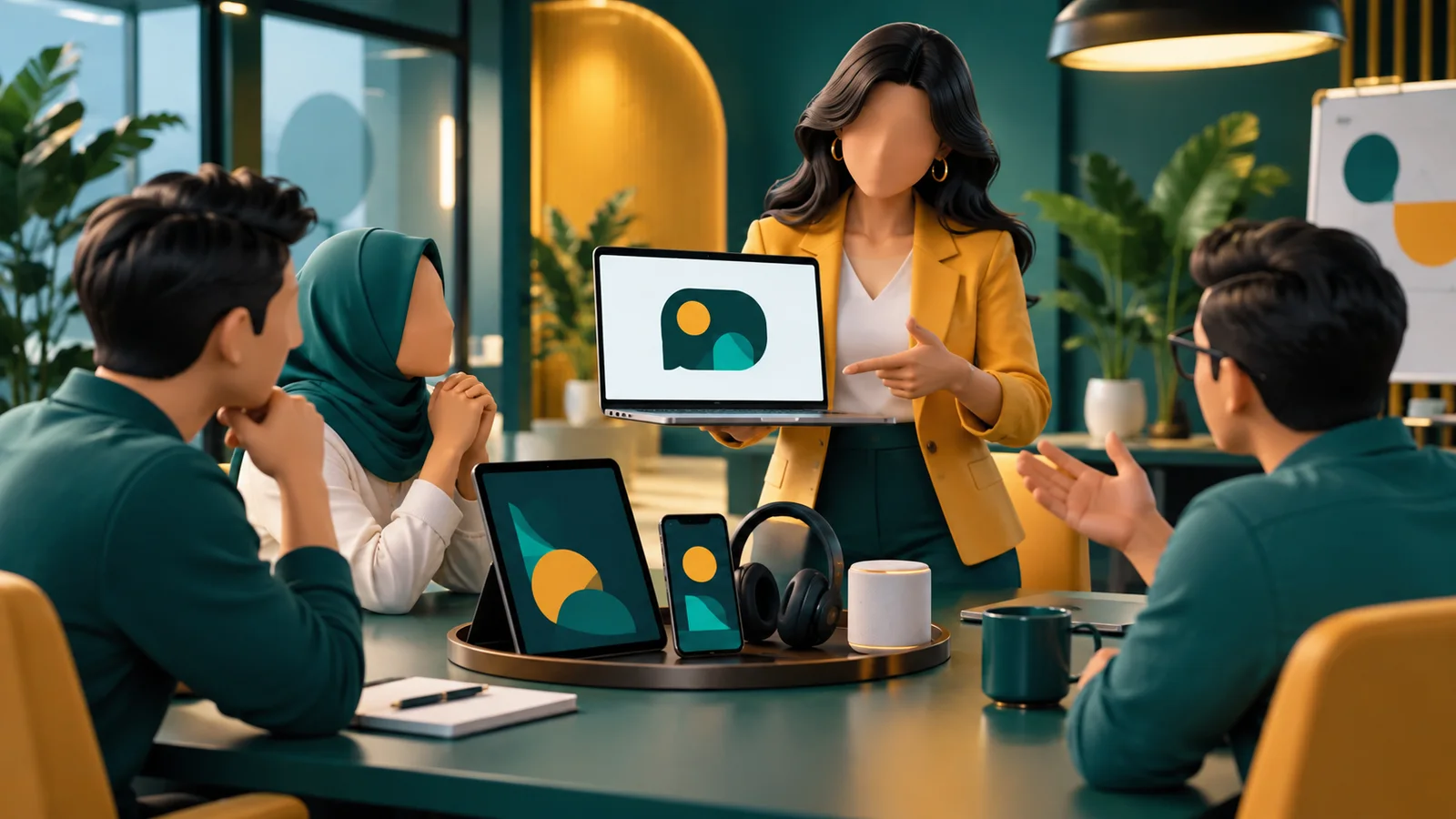 Fasilitator kantor membandingkan laptop dengan satu gelembung chat abstrak dan beberapa perangkat digital lain.