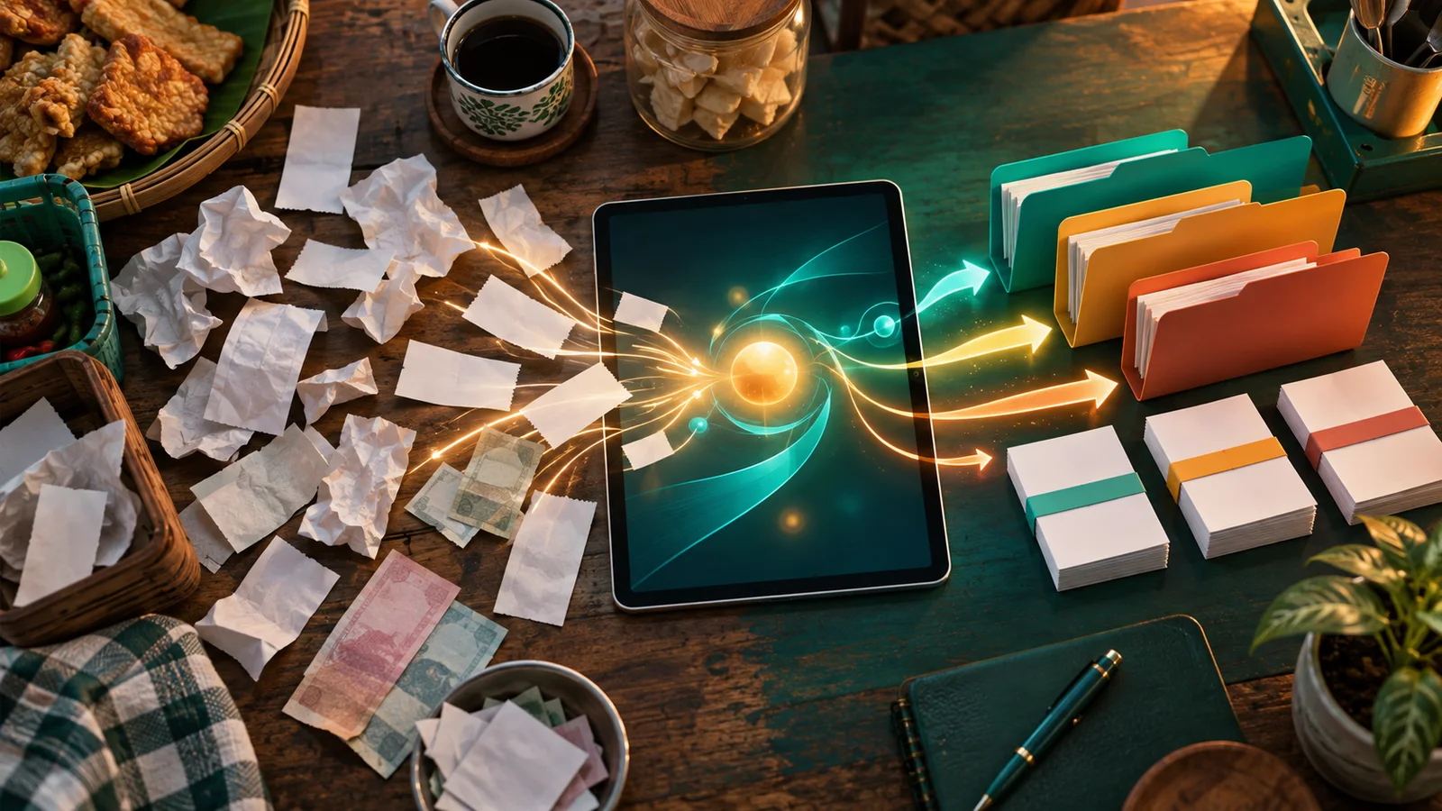 Tablet kosong mengatur kuitansi warung yang berantakan menjadi berkas rapi untuk keputusan bisnis.