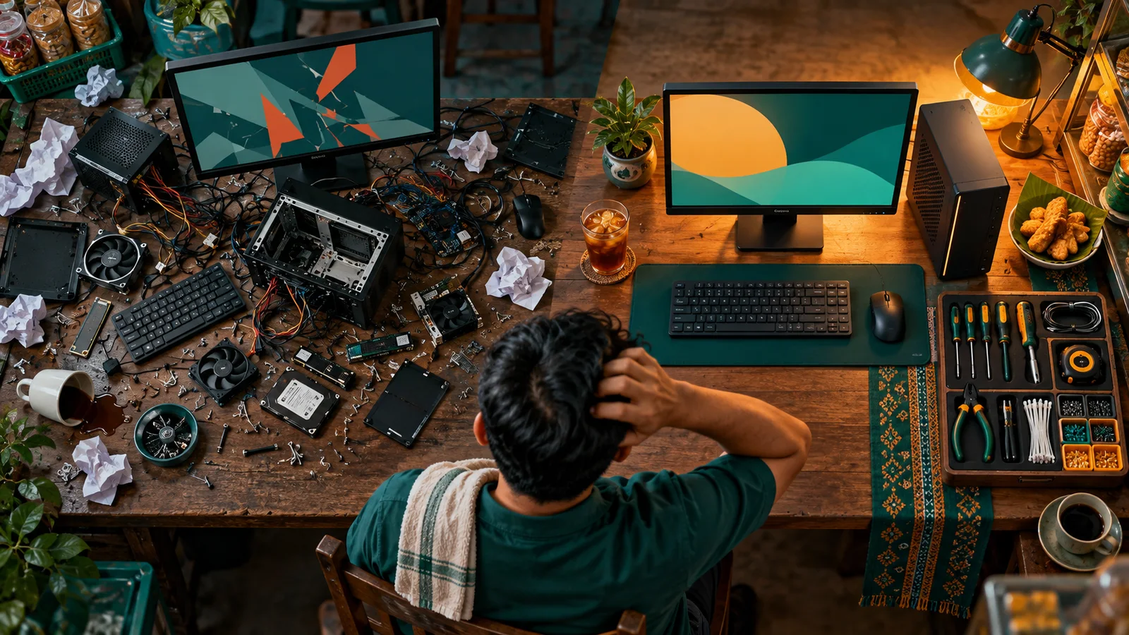 Perbandingan setup AI sendiri yang berantakan dengan instalasi profesional yang rapi di meja pemilik warung.