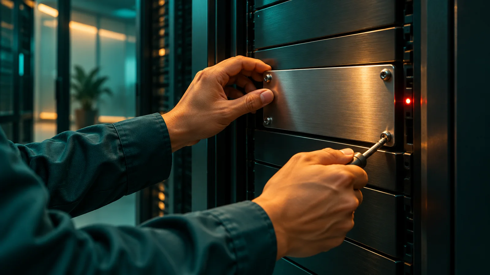 A technician’s hands seal a gap in a server with a plain metal plate in a small office server room.