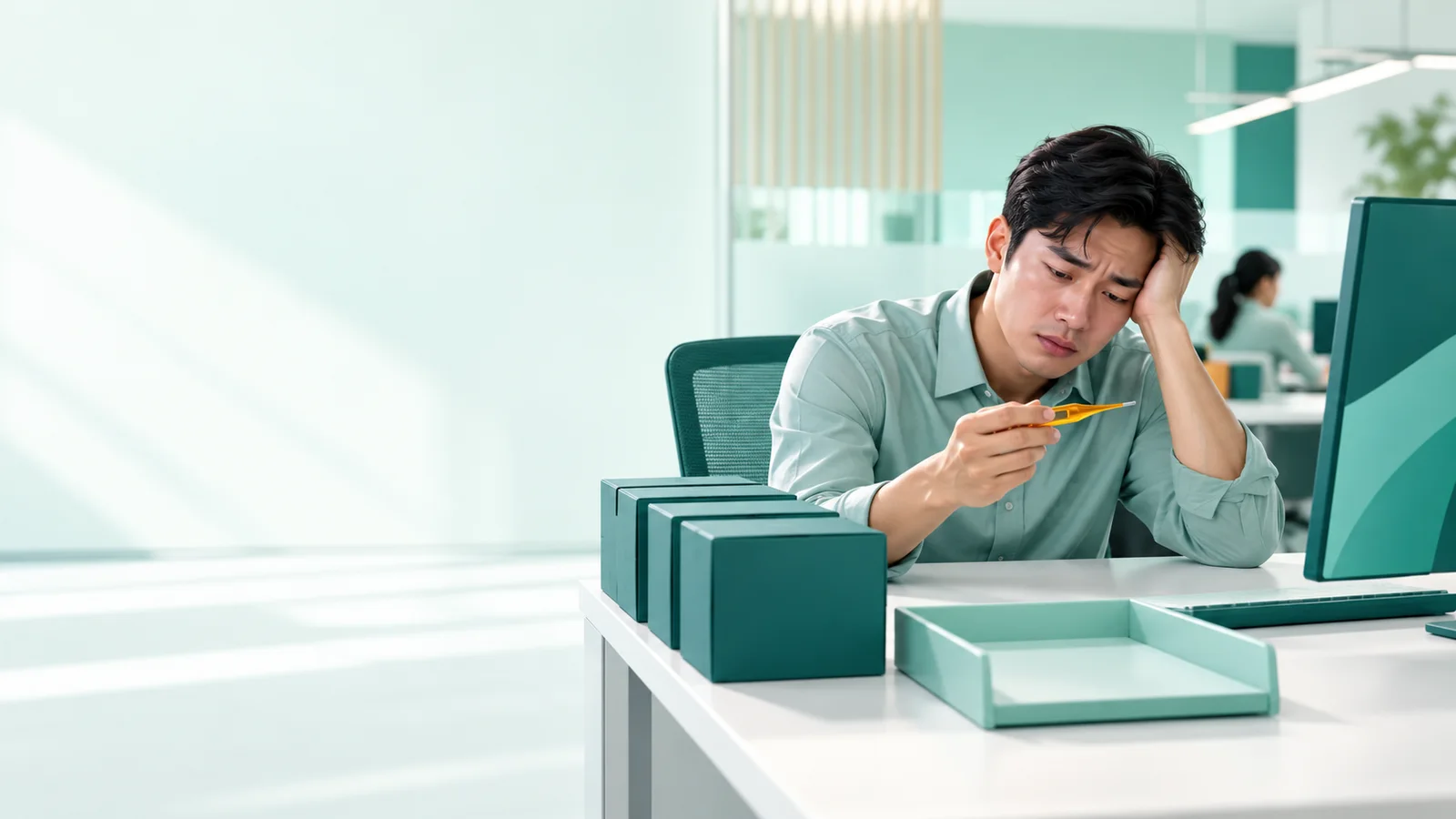 Karyawan sakit tetap bekerja di kantor, dengan hasil kerja yang sedikit dan termometer amber di tangan.