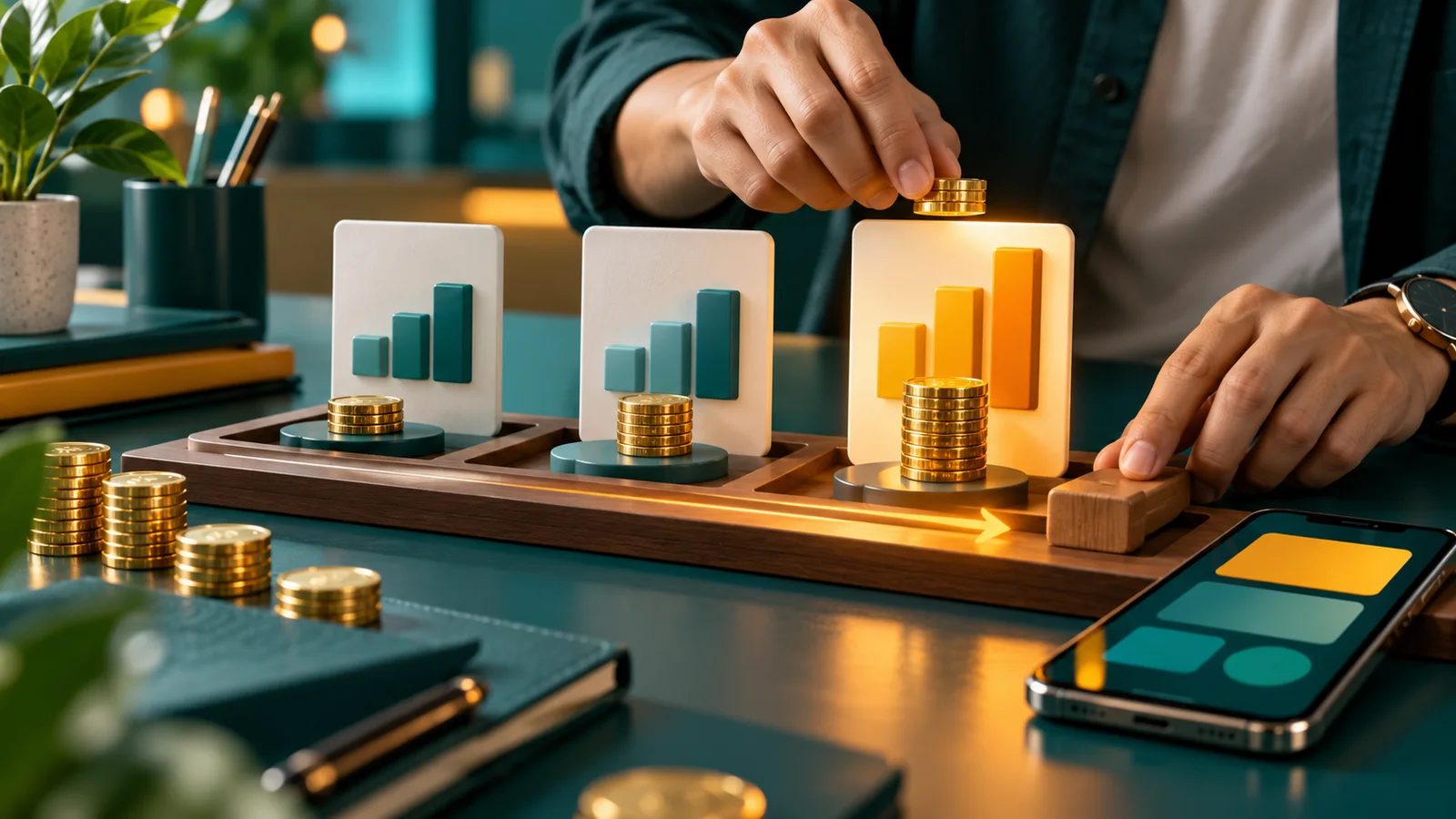 A marketer’s hands arrange blank campaign cards and budget coins on a small office desk.