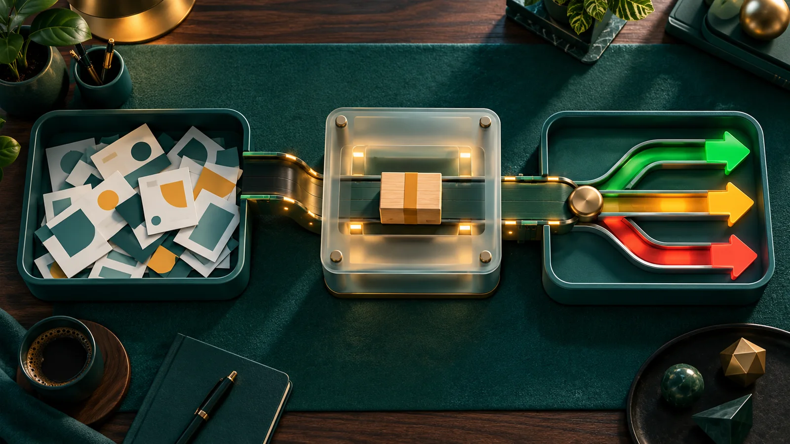 Wooden parcel moving through audit, AI pilot, and operational decision stages