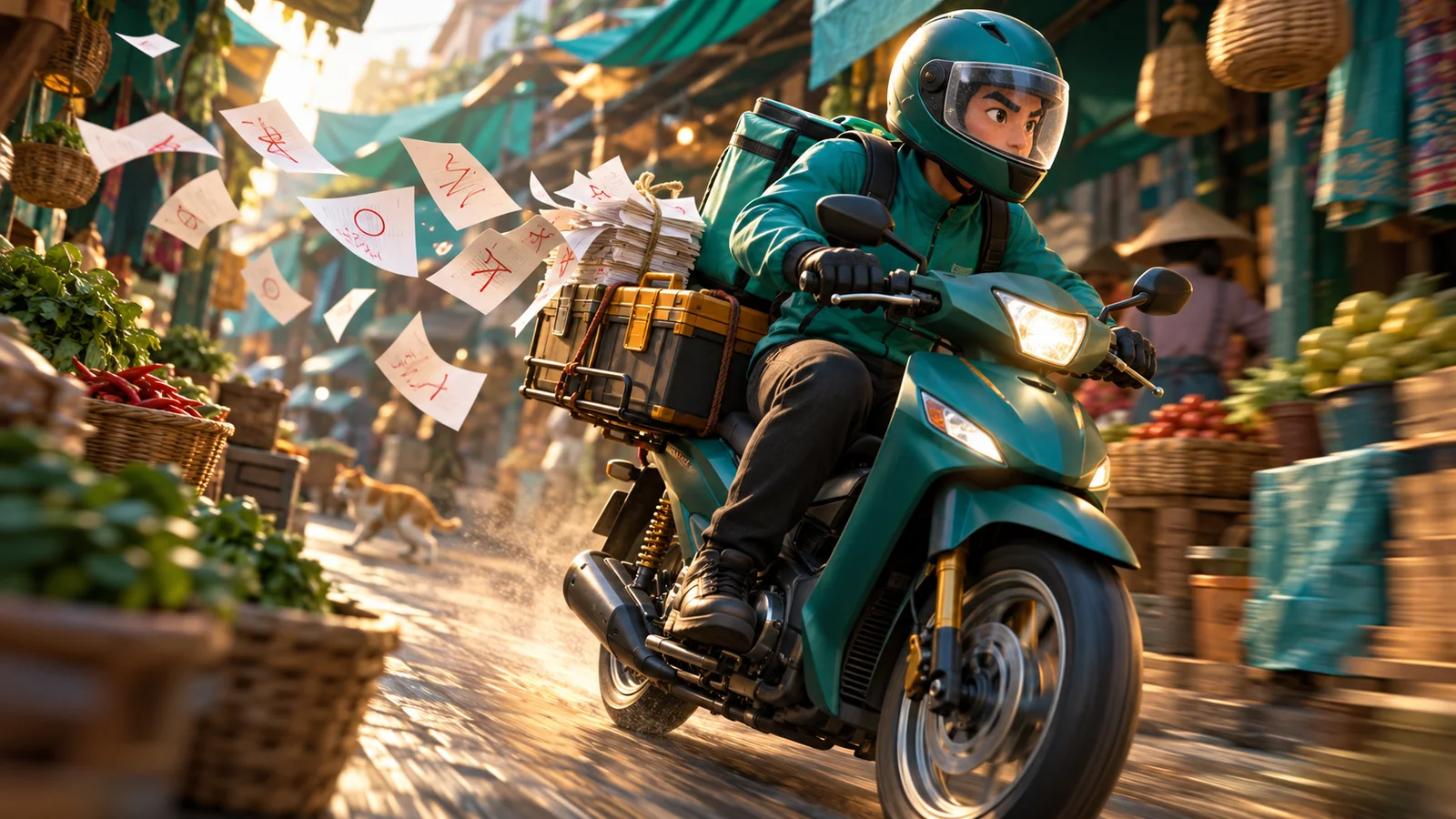 Motor kurir membawa kotak alat utuh dan naskah berantakan yang penuh tanda koreksi di gang pasar Indonesia.