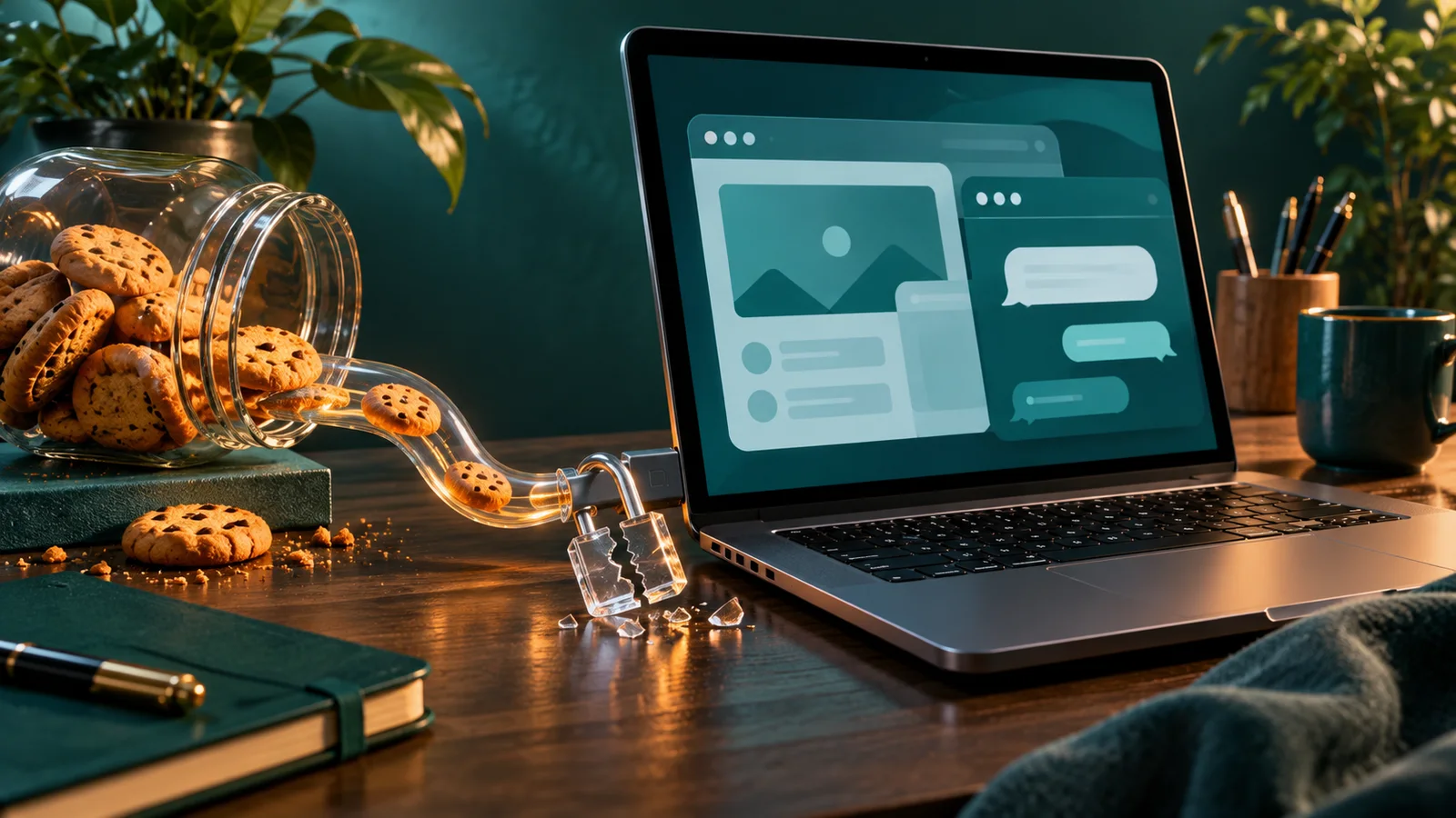 Laptop dengan cookie mengalir melalui kabel dan gembok rusak, menggambarkan injeksi sesi serta risiko kebocoran data.