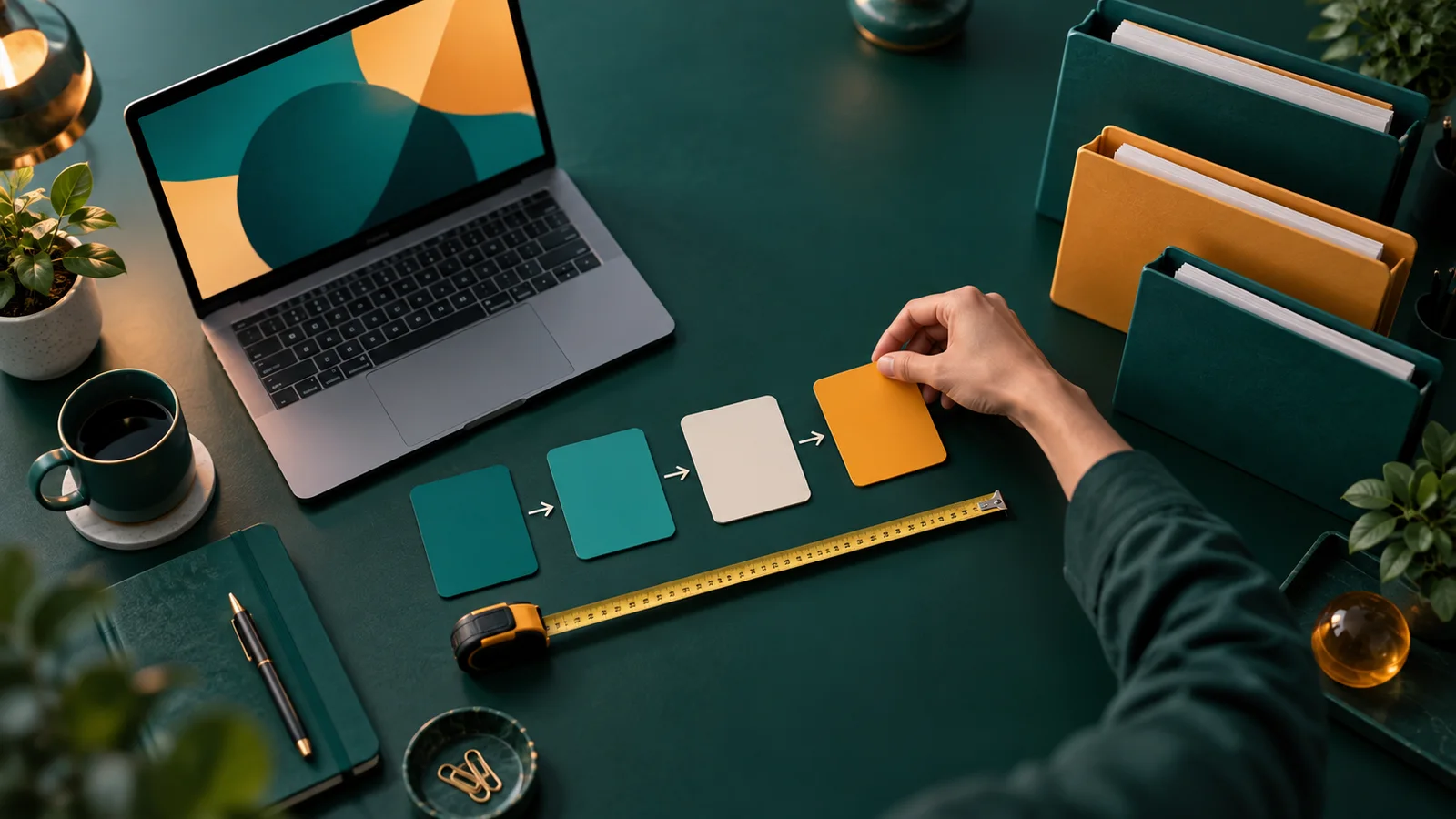 Tangan menyusun kartu kosong sebagai tahapan penerapan AI di meja kantor, dari laptop menuju berkas beberapa divisi.