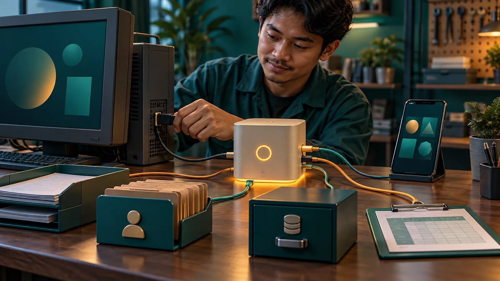 Pekerja memasang gateway kecil antara komputer lama dan empat jalur akses data terpisah.