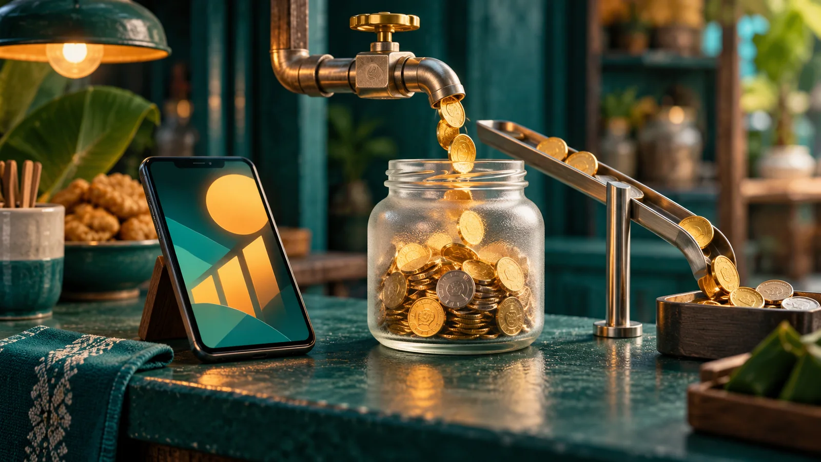 Ponsel abstrak dan toples koin dengan katup serta pagar pengaman menggambarkan scaling anggaran iklan yang terkendali.
