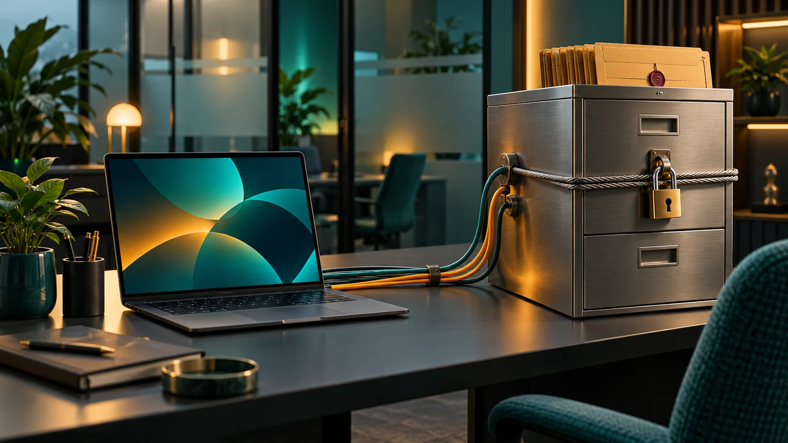 Laptop kantor dan lemari dokumen terkunci dengan kabel akses yang dibatasi.