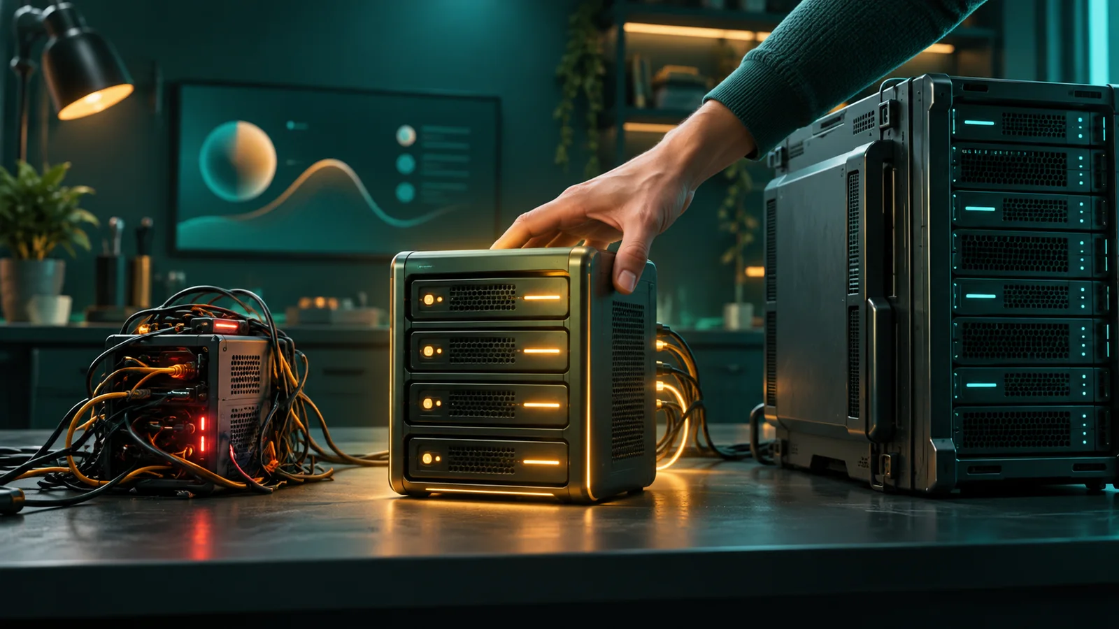 Tangan memilih server berukuran pas di antara perangkat terlalu kecil dan terlalu besar di meja kerja.