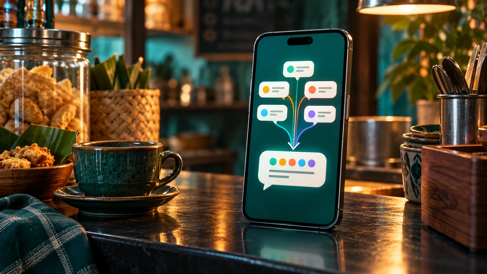 Phone on a warung counter showing five abstract chat bubbles merging into one organized message with colored markers.