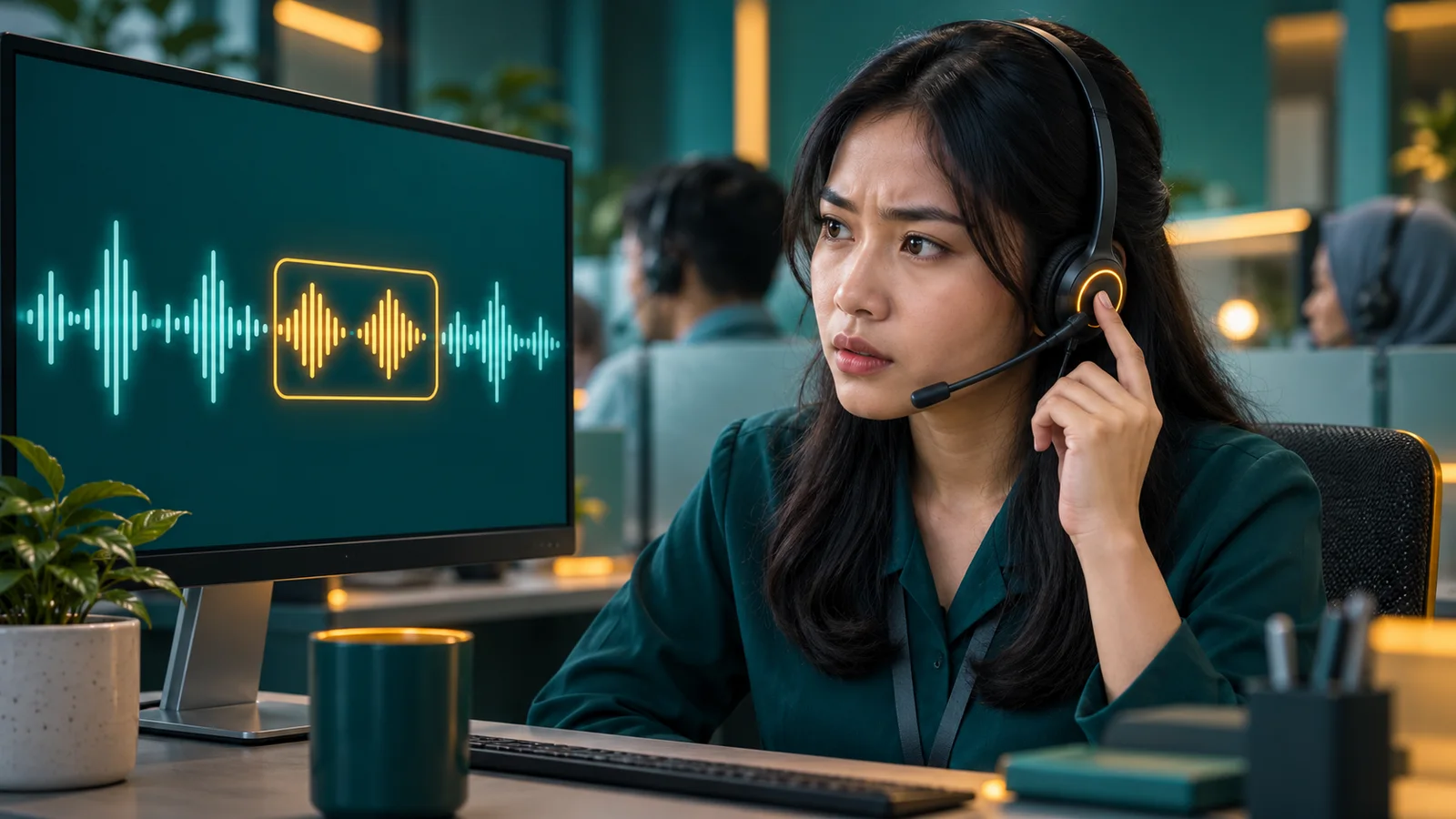 Operator call center memeriksa pola suara mencurigakan pada layar abstrak sambil memakai headset.