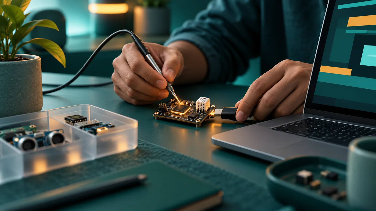 An IoT developer connects a sensor board to a laptop while measuring the circuit at a workbench.