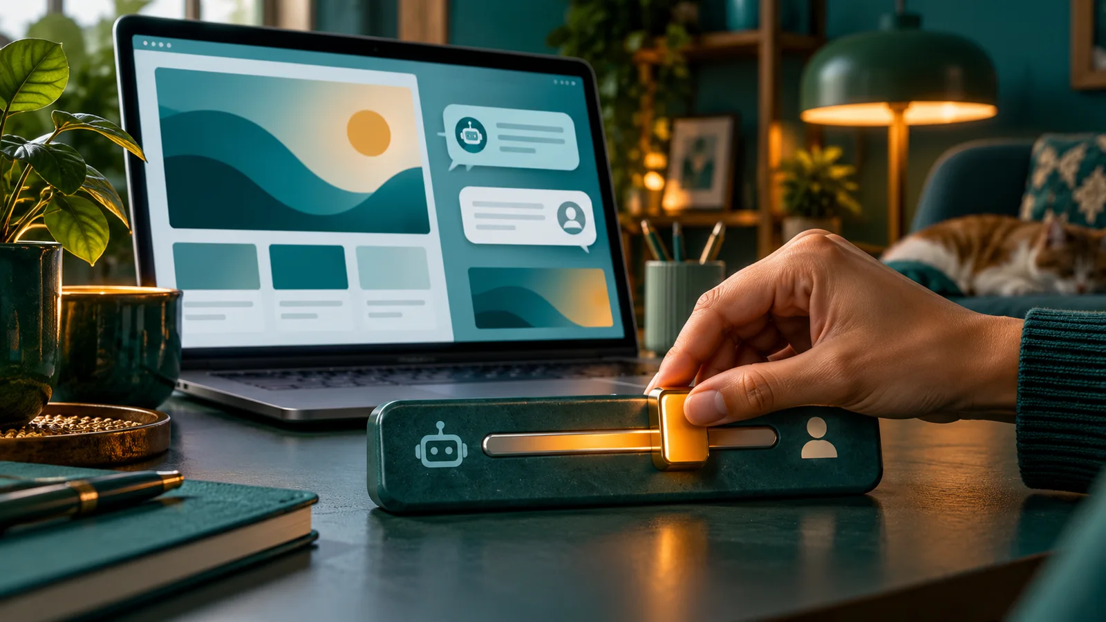 Tangan pengelola website mengatur pengaman AI di samping laptop dengan tampilan abstrak.