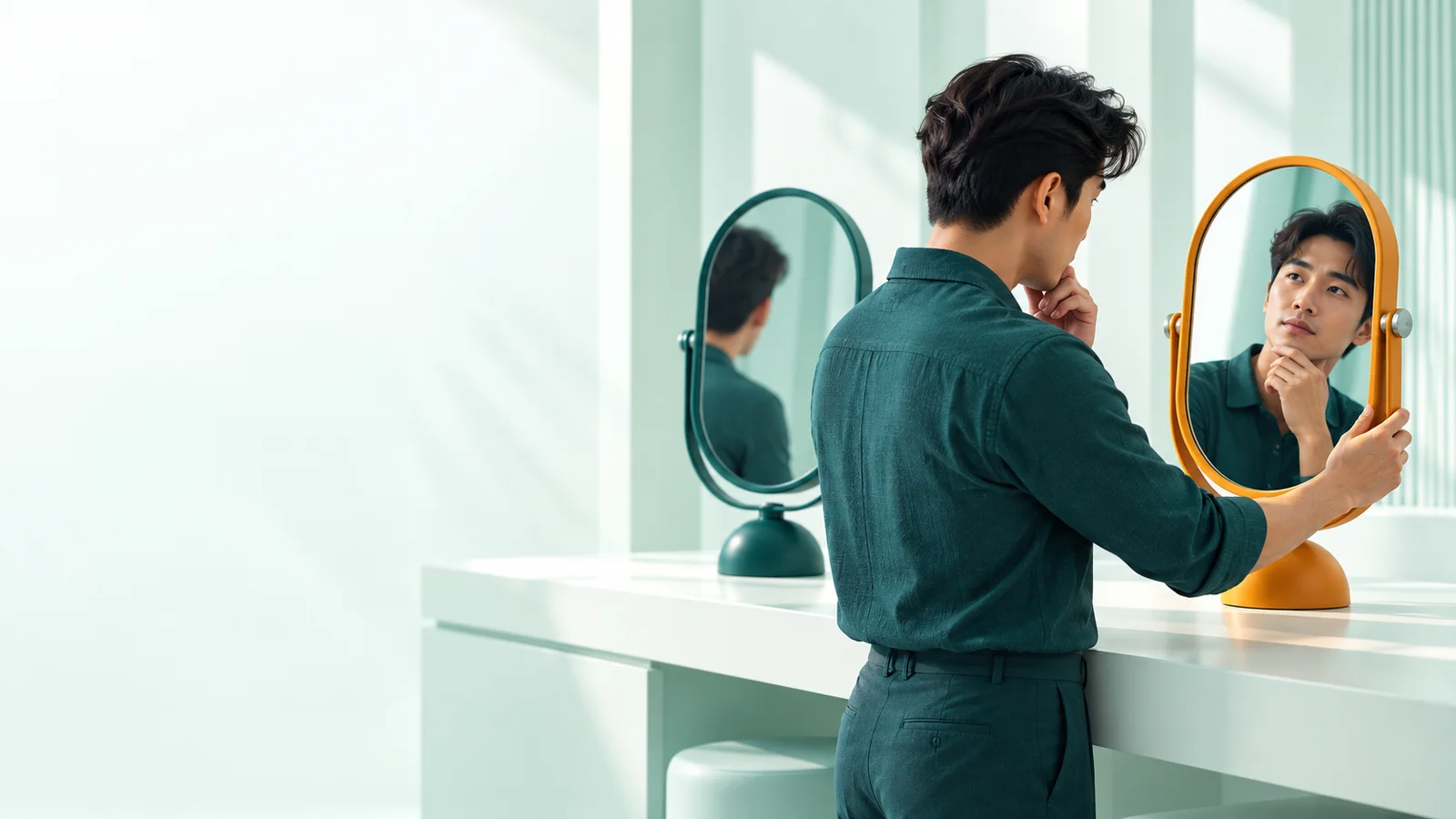 Founder mengatur cermin amber agar dapat melihat dirinya dari jarak lebih bijak di antara dua cermin teal.