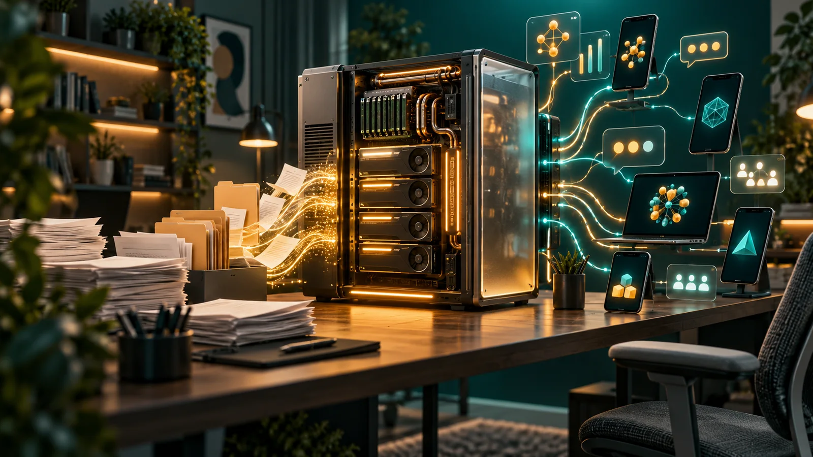 Server AI lokal dengan GPU, memori, dokumen pengetahuan, dan perangkat pengguna terhubung di meja kerja rumah.