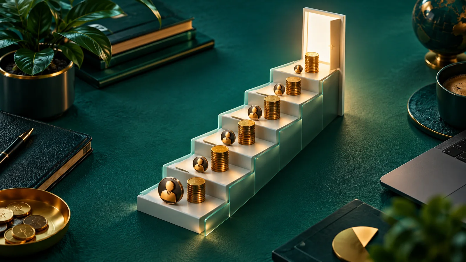 Miniatur tangga enam tingkat dengan token pendiri mengecil dan tumpukan modal membesar menuju pintu keluar.