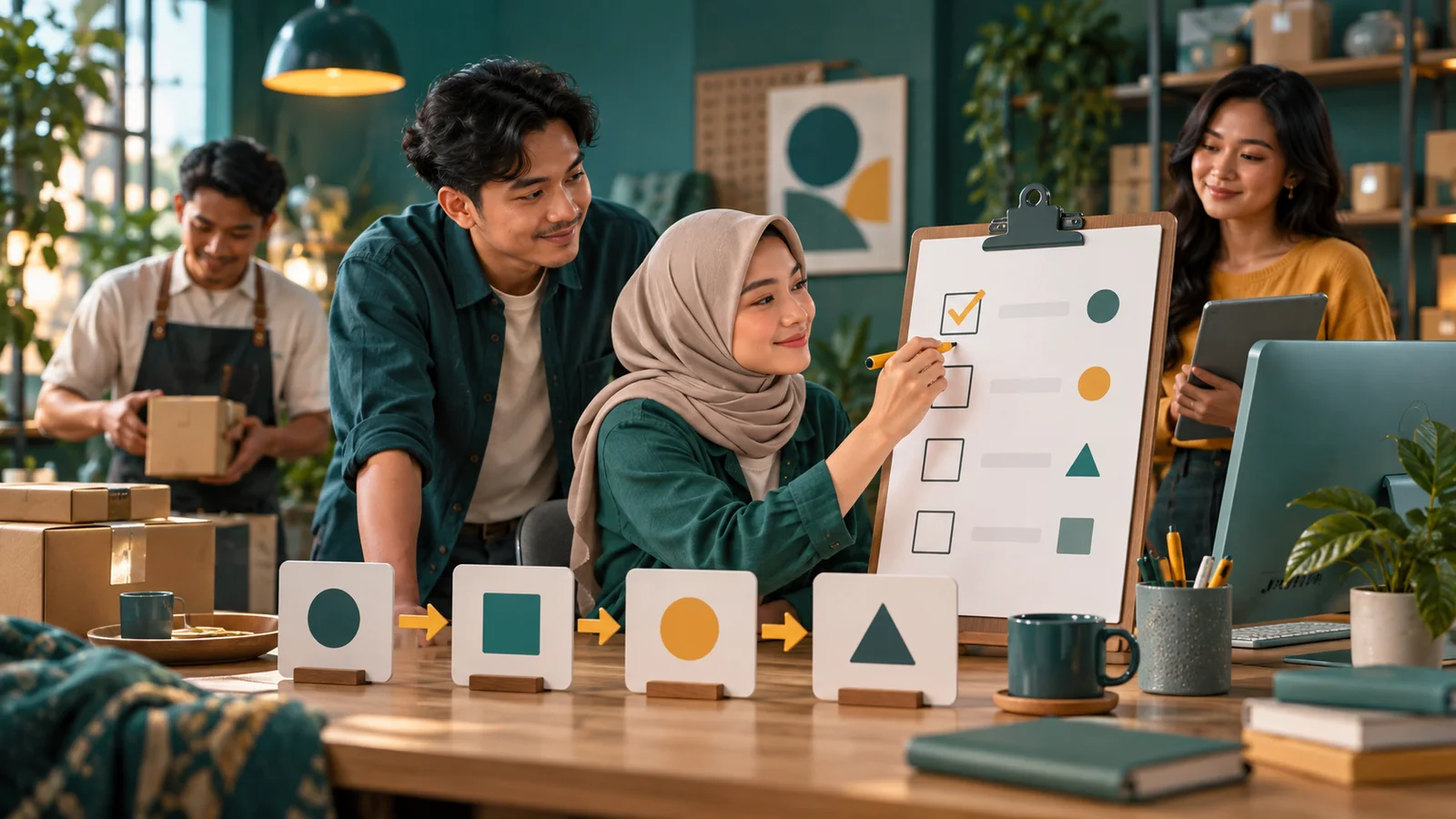Tim bisnis menyusun alur kerja operasional dengan kartu langkah dan daftar periksa kosong di ruang kerja.