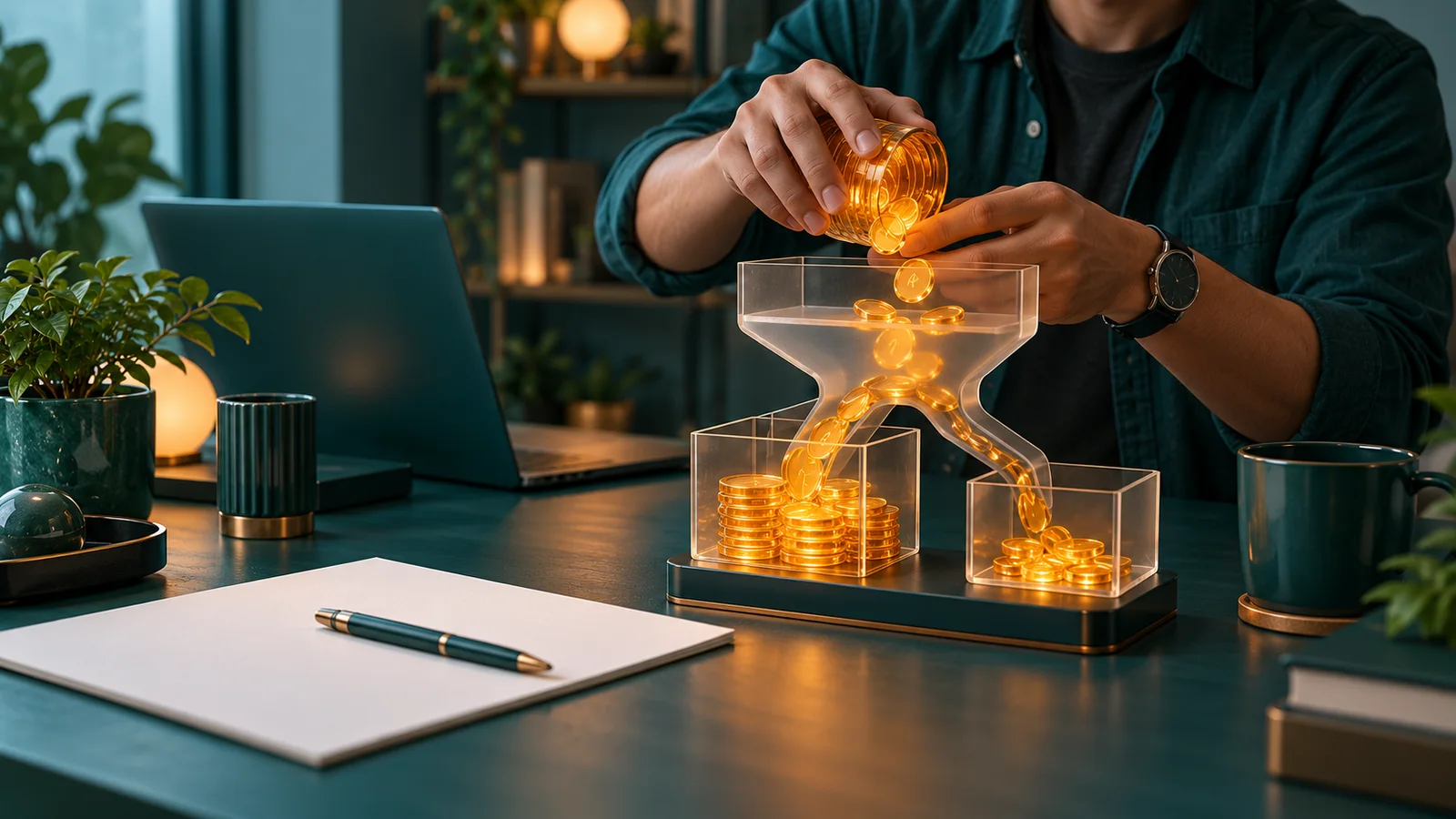 Tangan founder mengatur pembagian hasil penjualan perusahaan melalui jalur investor dan founder di atas meja kerja.