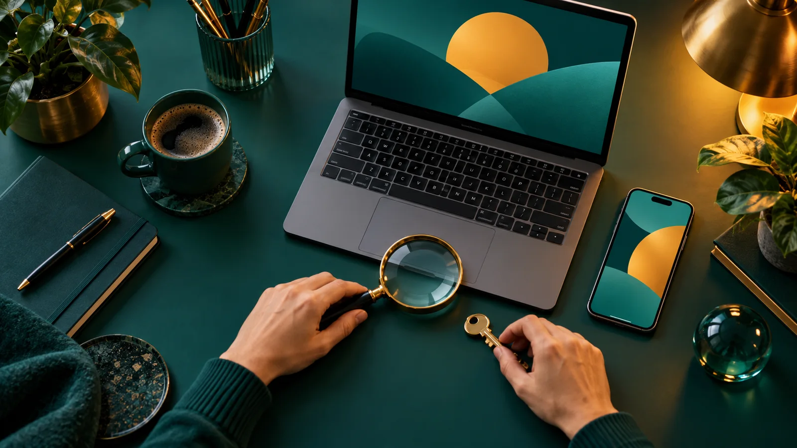 Tangan menyiapkan laptop, ponsel, dan kaca pembesar di meja pelatihan SEO.