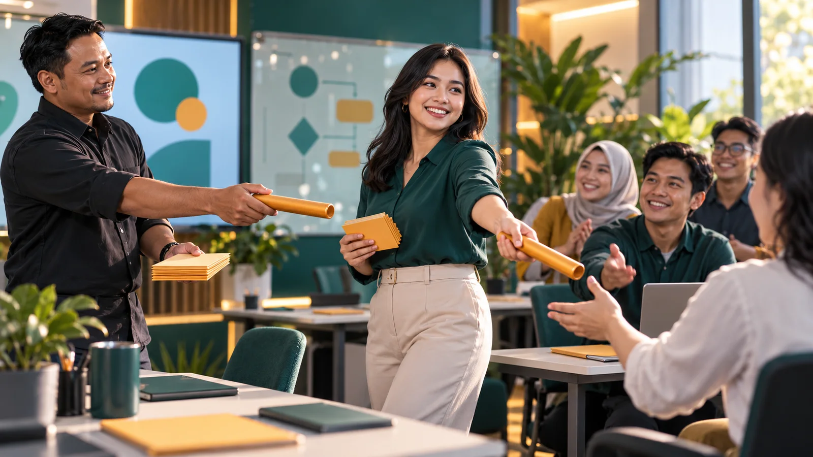 Karyawan internal menerima baton pelatihan dan meneruskan pengetahuan AI kepada rekan kerja di ruang kantor.