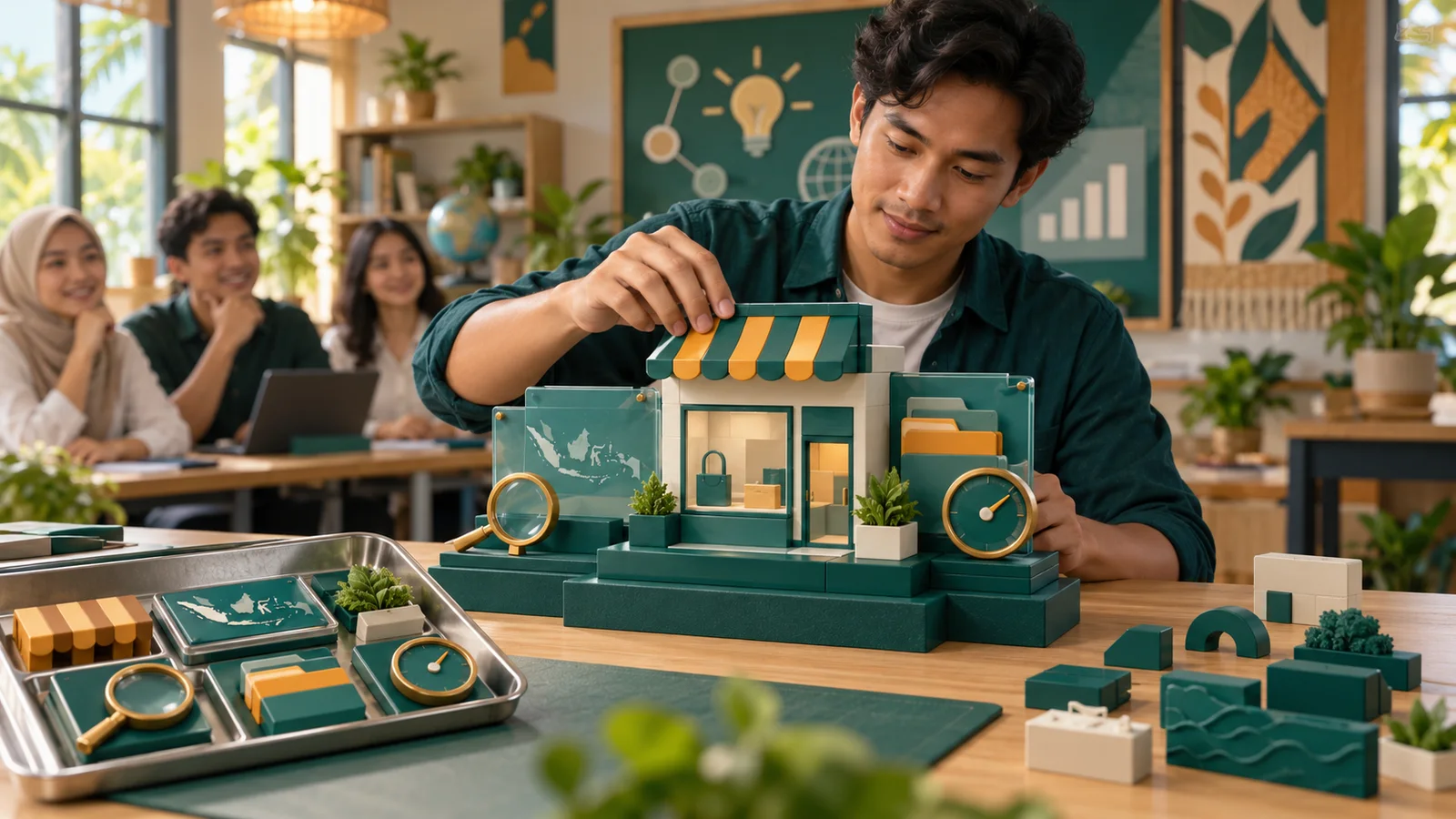 Trainer Indonesia memilih komponen kokoh untuk merakit model toko digital dengan fondasi dan alat pemantauan.