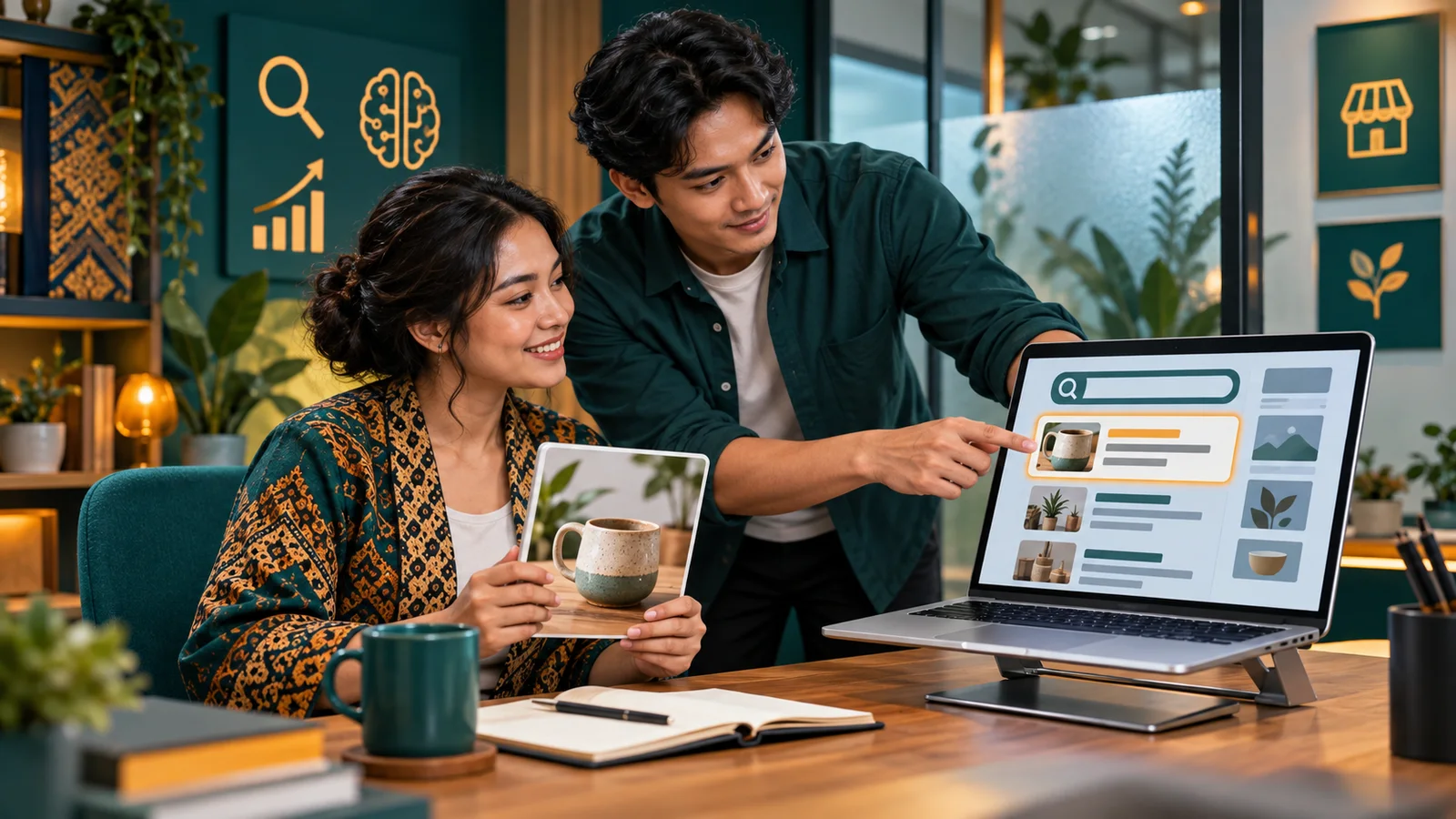 Trainer SEO AI menyesuaikan tampilan hasil pencarian abstrak di laptop dengan kebutuhan pemilik usaha kecil.