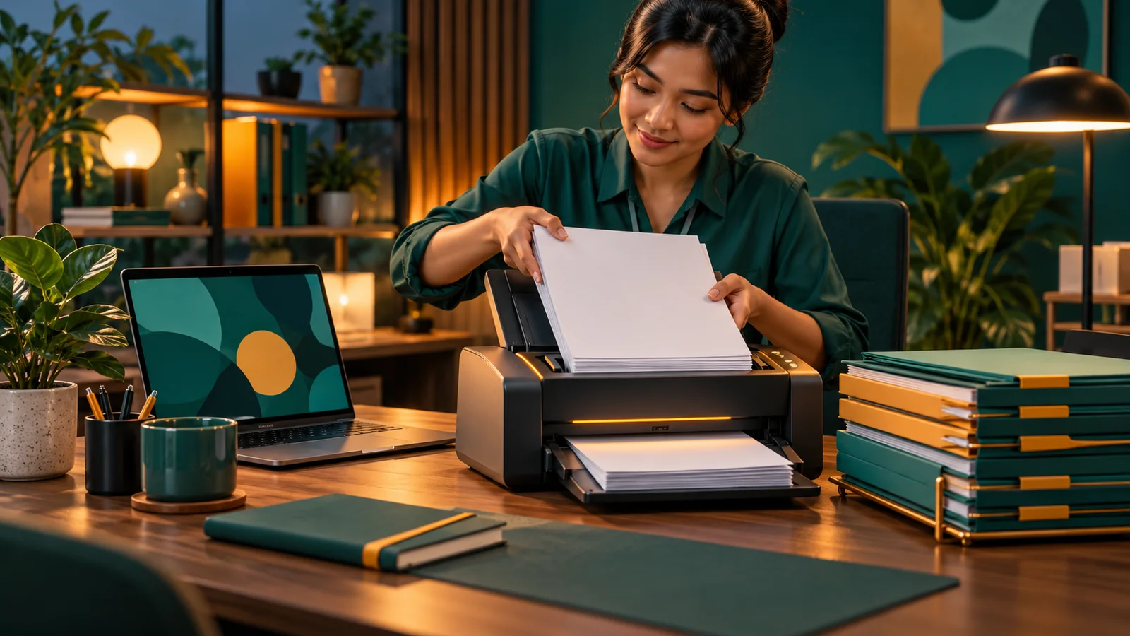 Tangan admin merapikan formulir dengan pemindai dokumen dan folder tertata di kantor kecil.