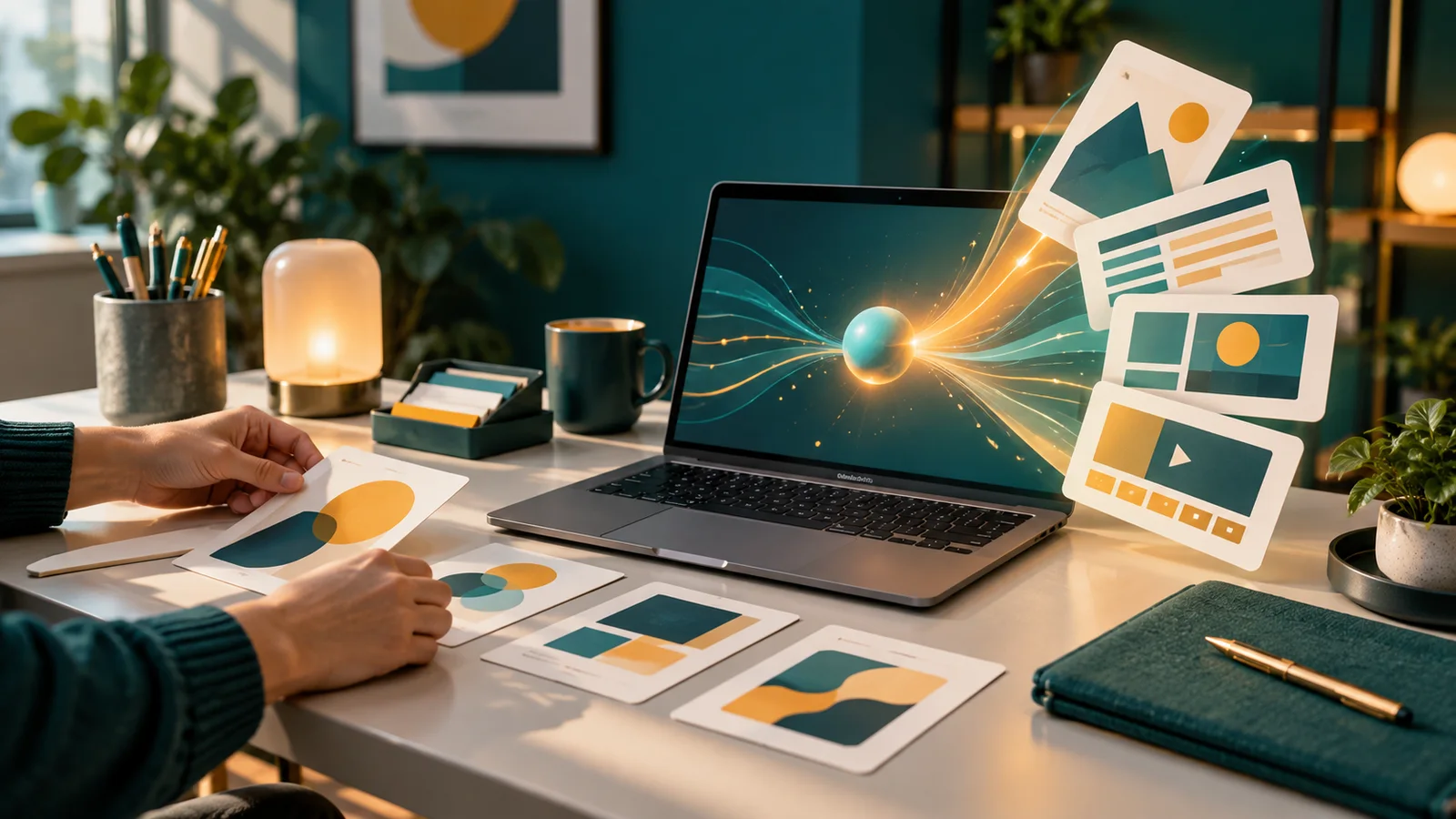Tangan marketer menata kartu konten di samping laptop dengan antarmuka abstrak dan hasil kampanye yang tersusun rapi.