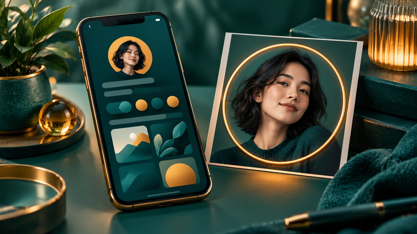 Cetakan foto persegi dengan wajah di tengah, disandingkan dengan avatar bulat pada layar ponsel.