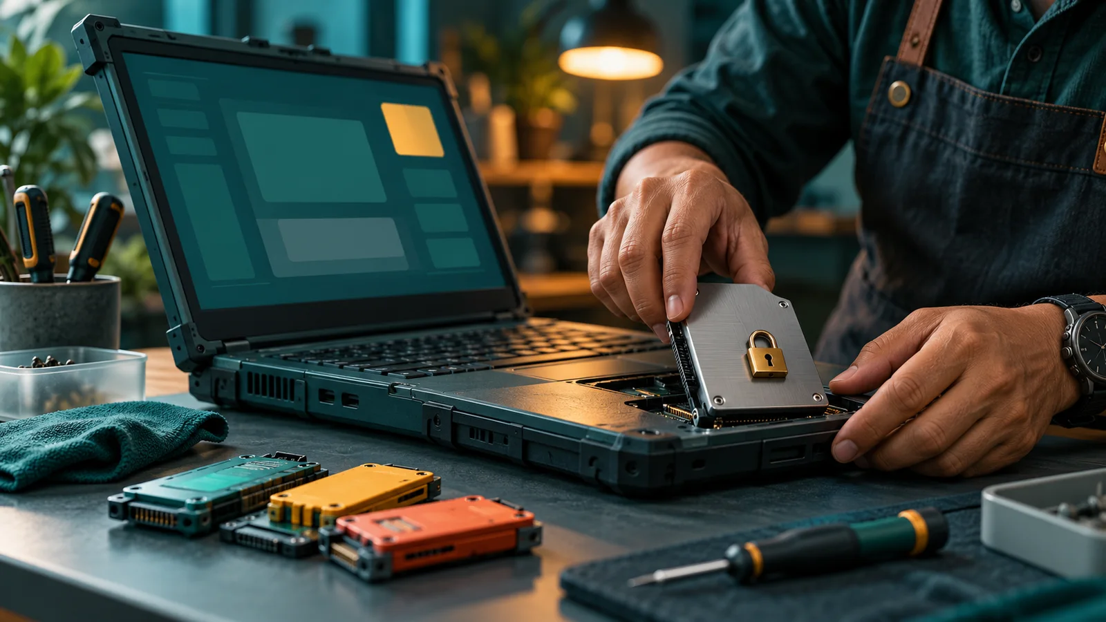 Tangan pemilik usaha mengganti modul laptop lama dengan modul baru yang terkunci rapat