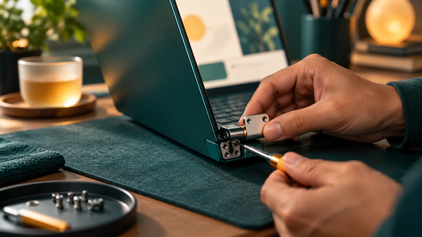 Tangan mengganti engsel laptop di meja kerja rumahan, melambangkan perbaikan sebelum pembaruan perangkat lunak.