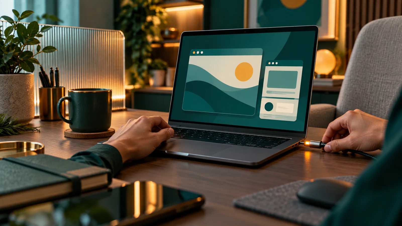Teknisi memeriksa laptop dengan panel browser abstrak dan satu indikator peringatan menyala.