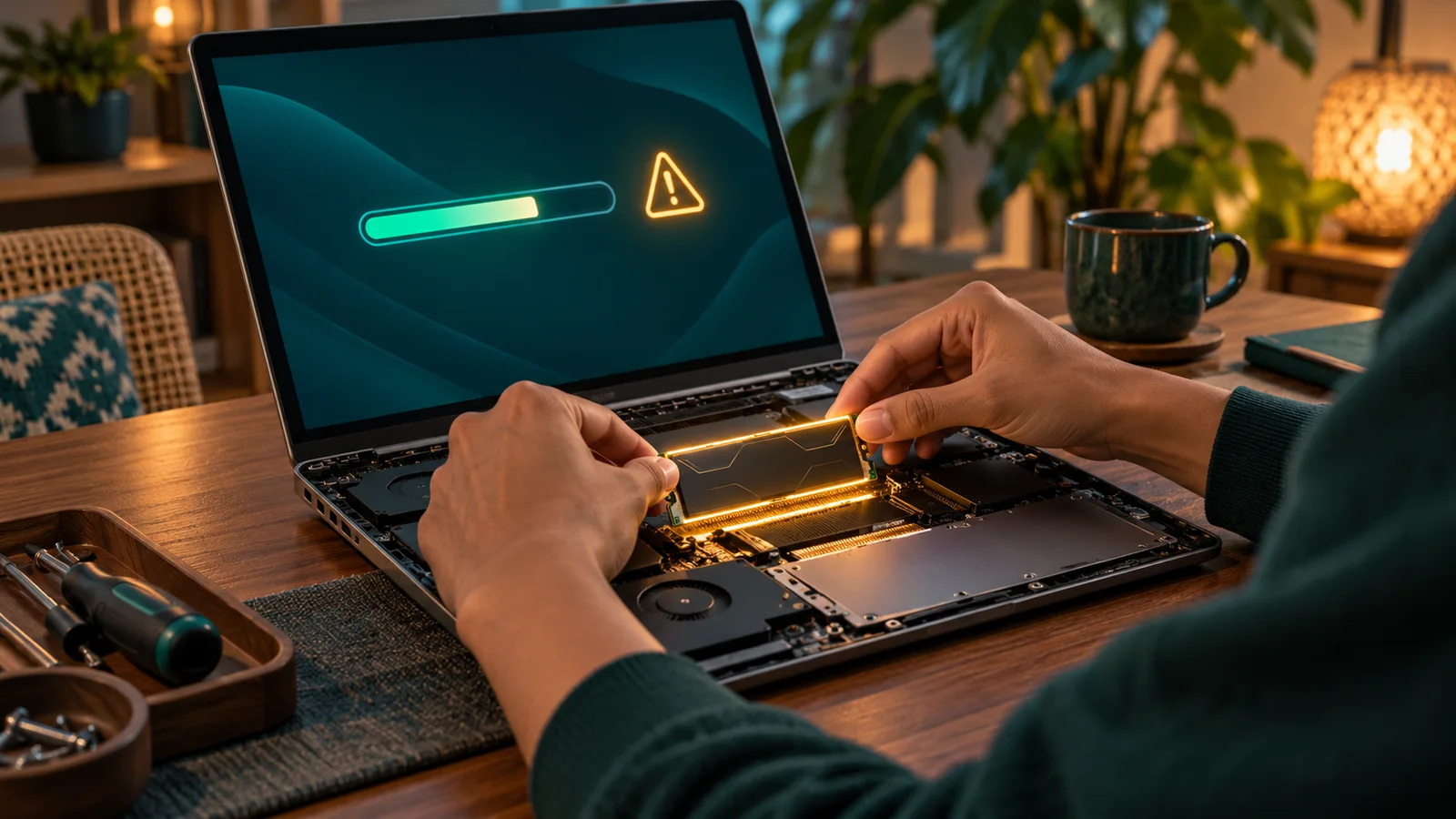 Operator memasang pembaruan laptop dengan indikator hijau dan lampu peringatan kuning menyala.