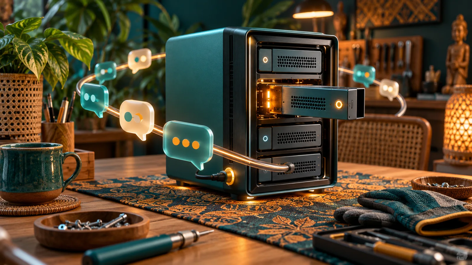 Modul server diganti sementara aliran gelembung chat tetap berjalan melalui kabel cadangan.