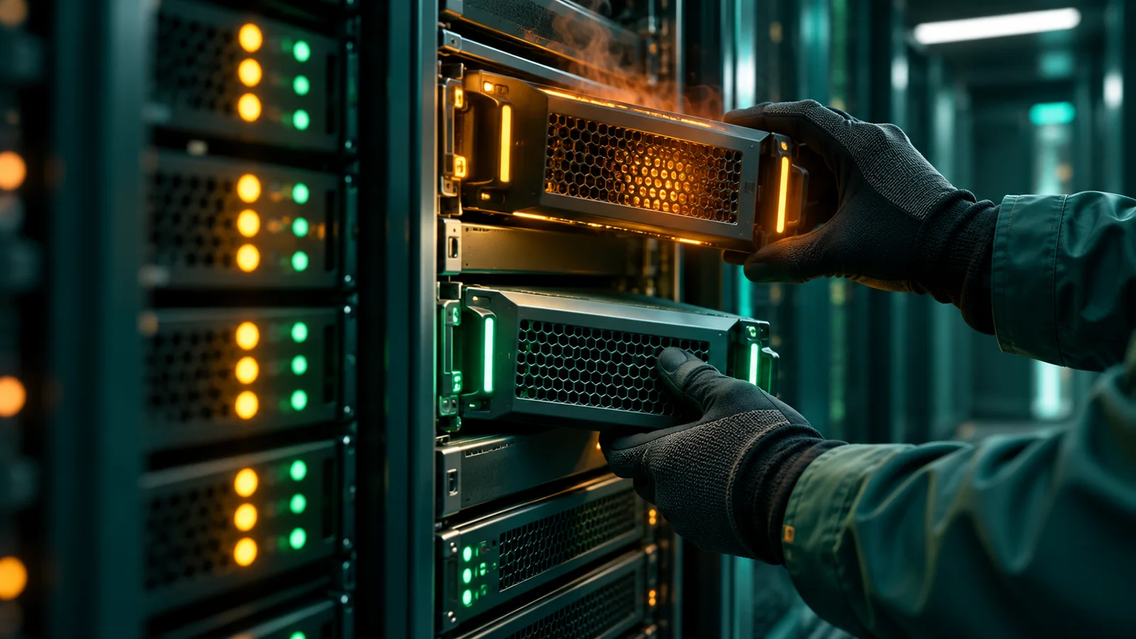 Teknisi mengganti modul server yang bermasalah dengan modul lama di ruang server kantor.