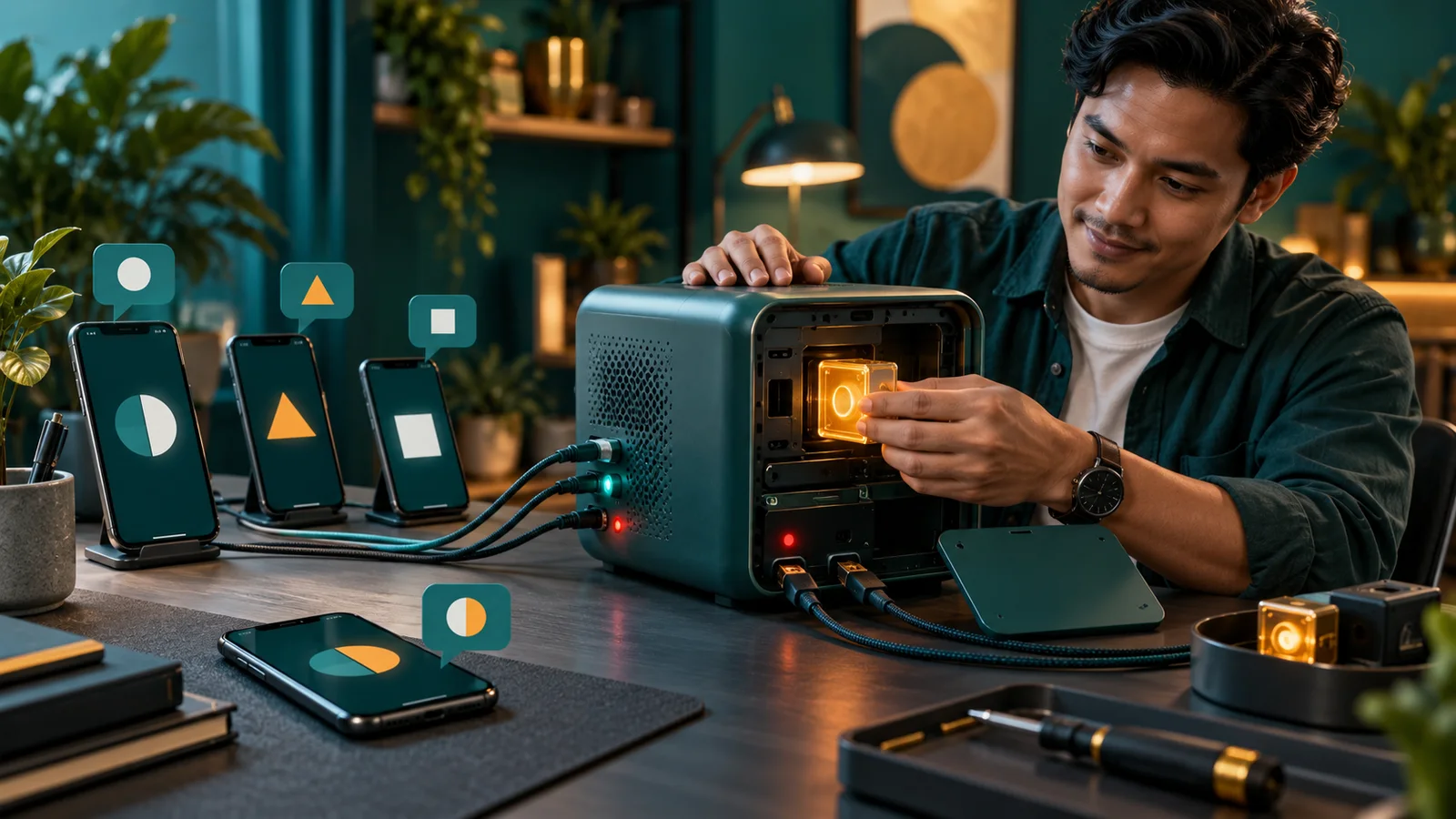 Pemilik usaha memperbaiki hub komunikasi dengan dua jalur pesan ponsel yang longgar di meja kerja.