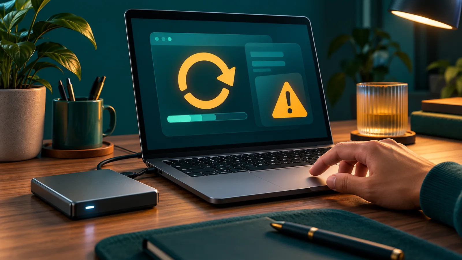 Tangan menunda pembaruan laptop, dengan hard disk cadangan dan tanda peringatan di layar.