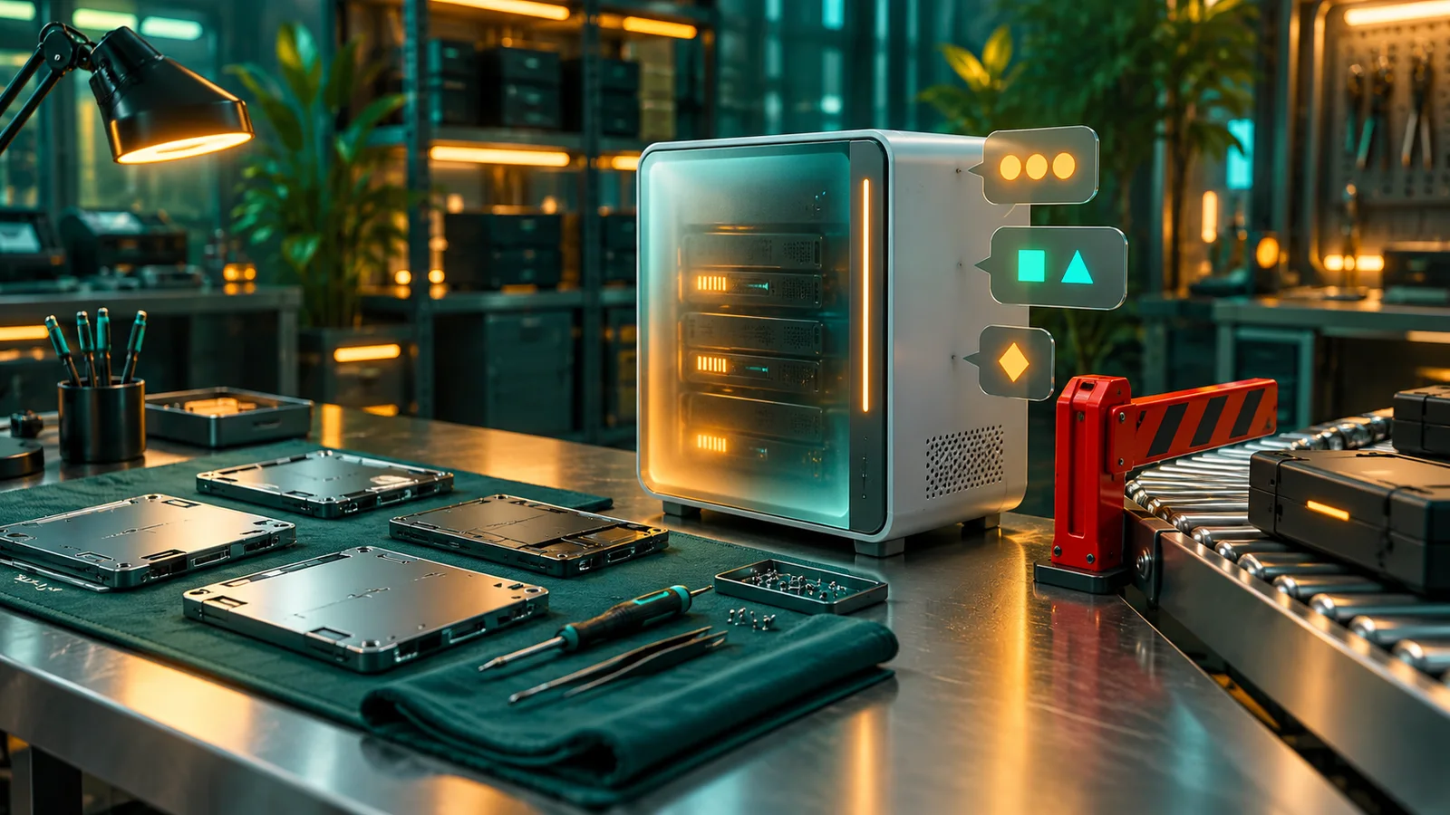 Kotak server yang baru diperbaiki tertahan penjepit keselamatan sebelum masuk jalur produksi.