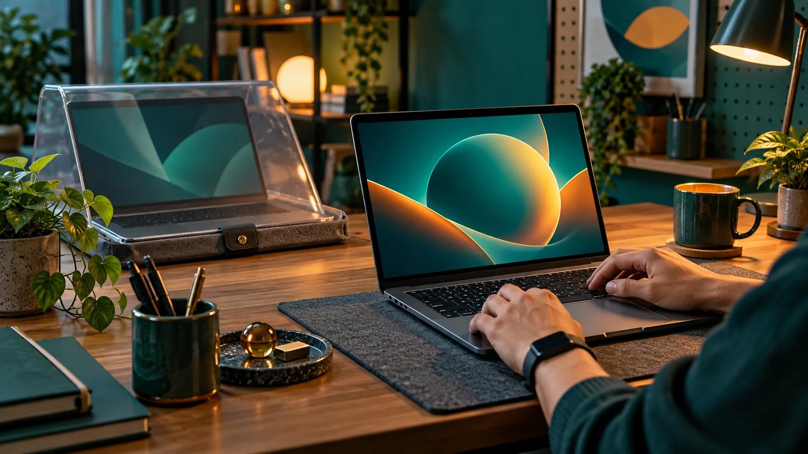 Operator menguji modul pembaruan pada laptop uji sebelum memasangnya ke laptop utama di meja kerja.