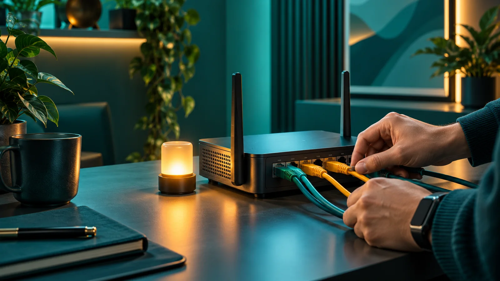 Tangan menguji gateway jaringan dengan kabel warna-warni di meja kerja rumahan.