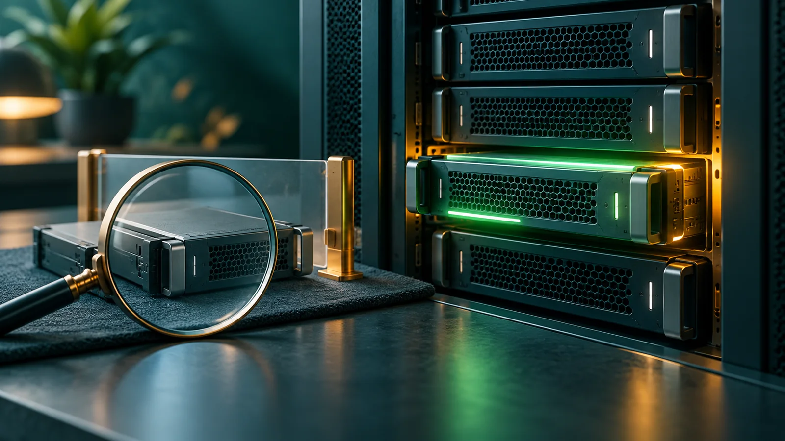 Rak server dengan modul baru berhasil aktif, sementara modul lain diperiksa hati-hati sebelum dipasang.
