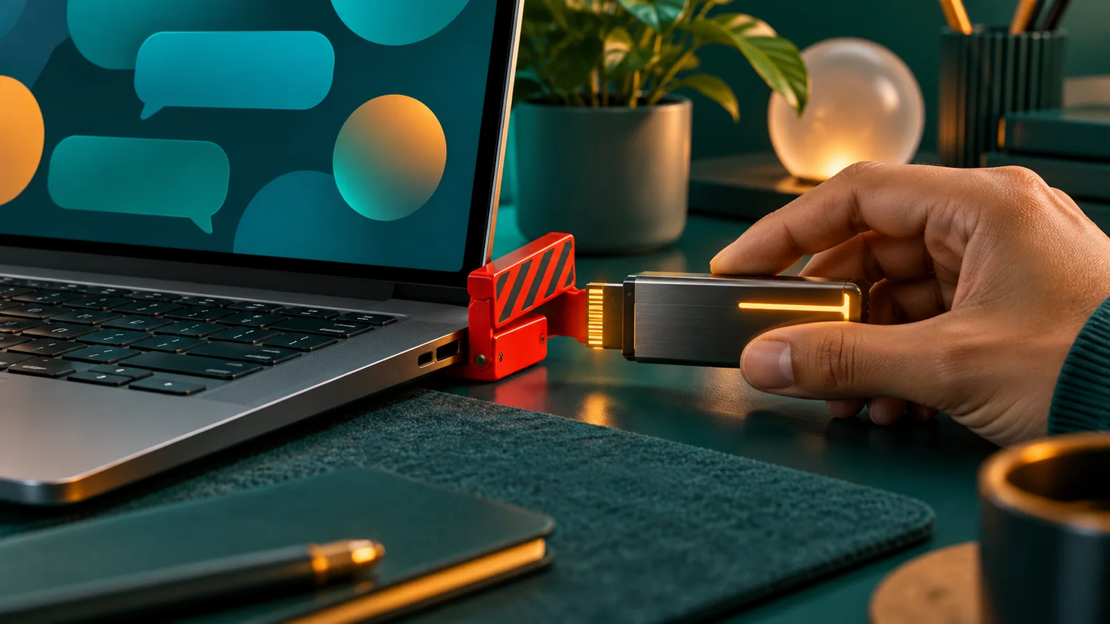 Tangan operator menahan perangkat pembaruan sebelum dipasang ke laptop dengan gelembung chat abstrak dan pengunci merah.